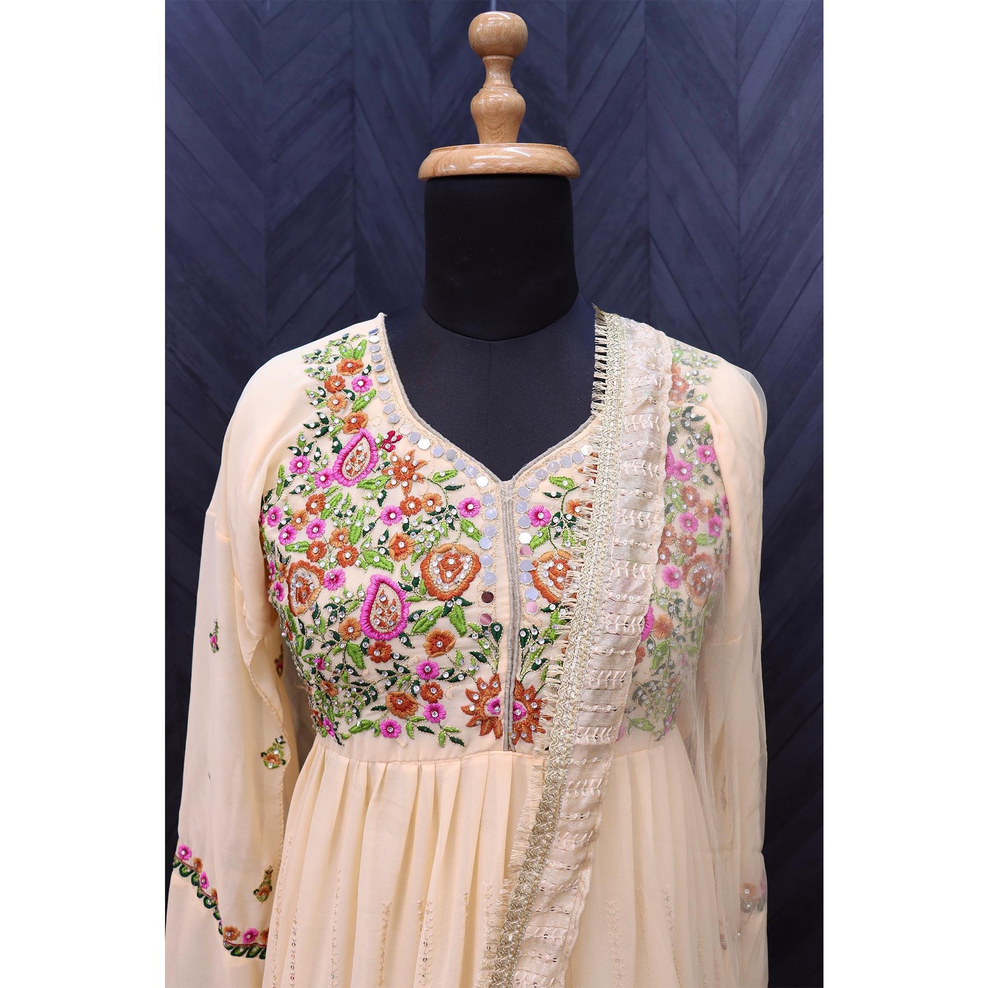 Beige Embroidered With Embellished Georgette Anarkali Style Gown - Peachmode