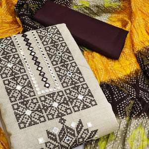 Beige Embroidered With Embellished Khaadi Dress Material - Peachmode