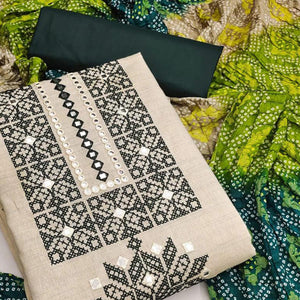 Beige Embroidered With Embellished Khaadi Dress Material - Peachmode