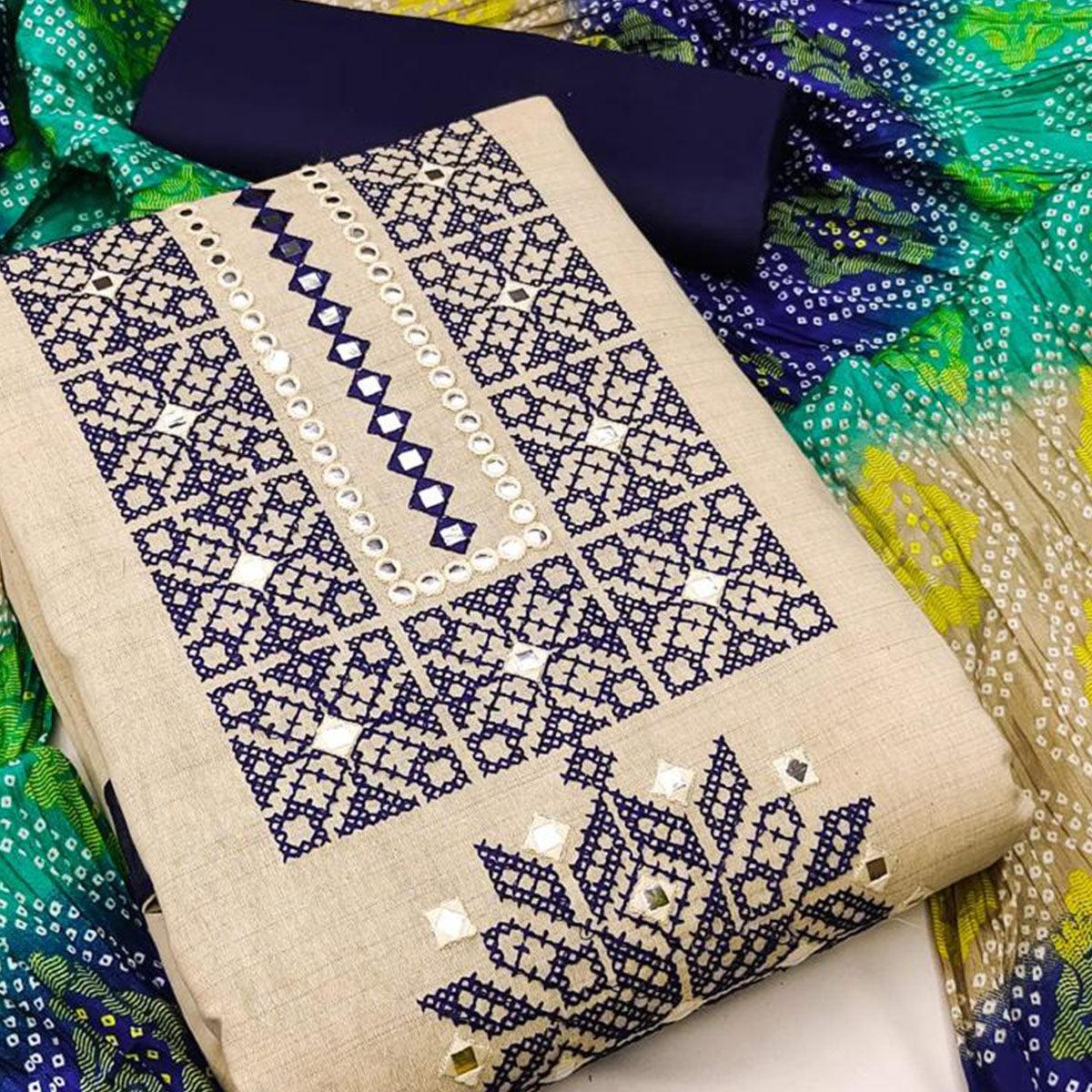 Beige Embroidered With Embellished Khaadi Dress Material - Peachmode