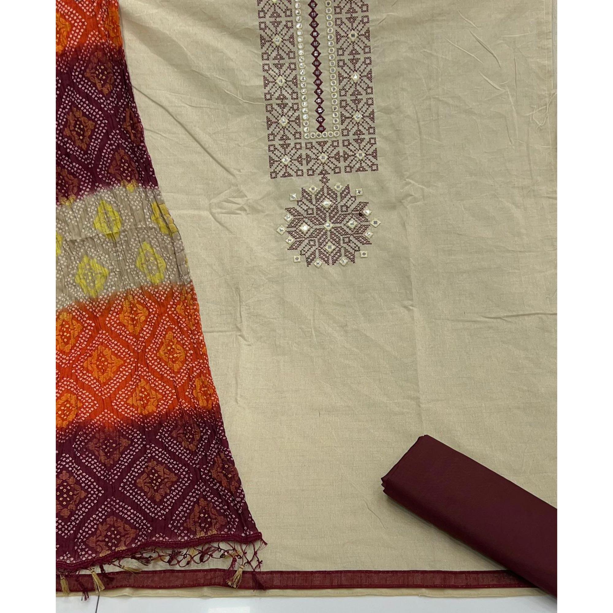 Beige Embroidered With Embellished Khaadi Dress Material - Peachmode