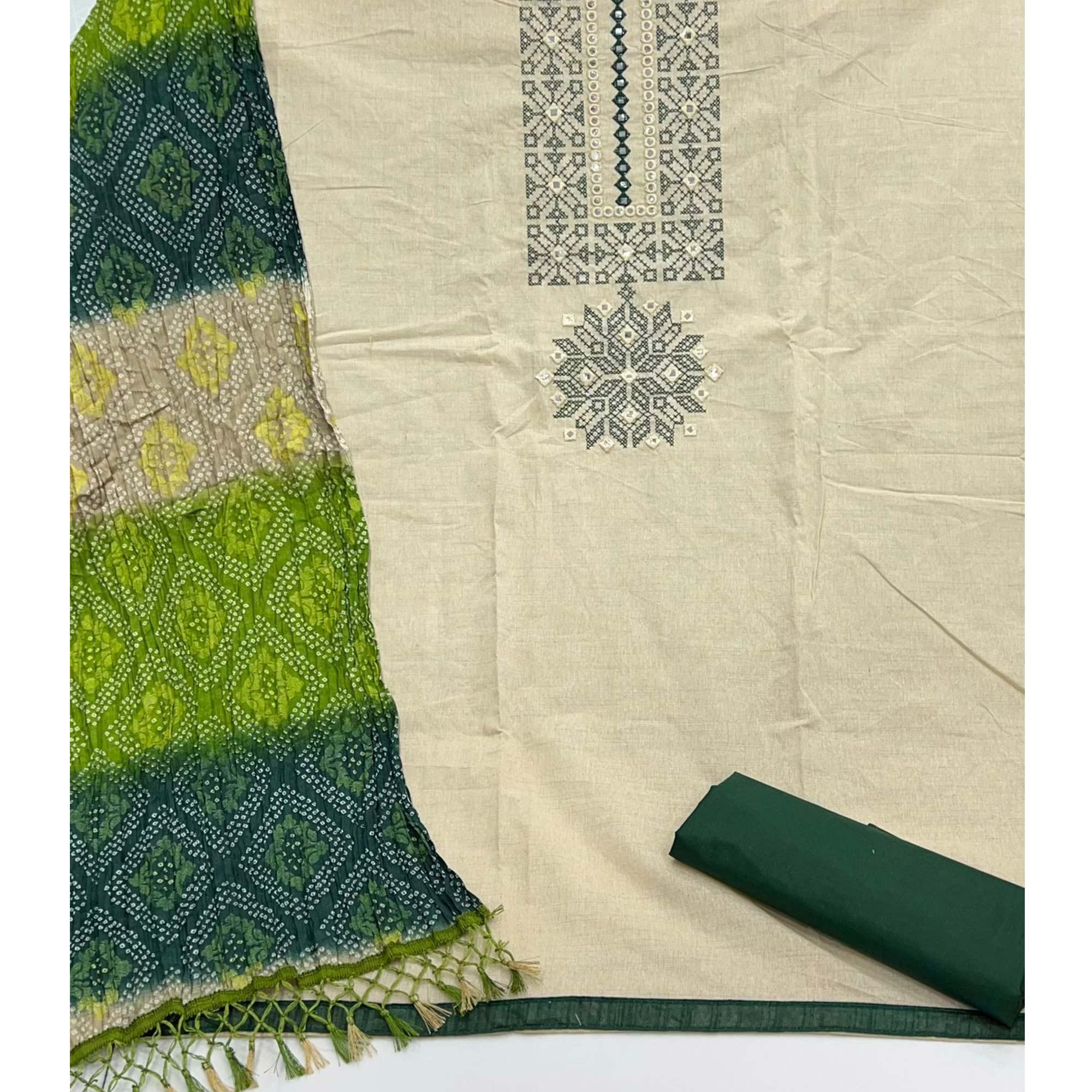 Beige Embroidered With Embellished Khaadi Dress Material - Peachmode