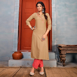 Beige Embroidered With Embellished Rayon Kurti Pant Set - Peachmode