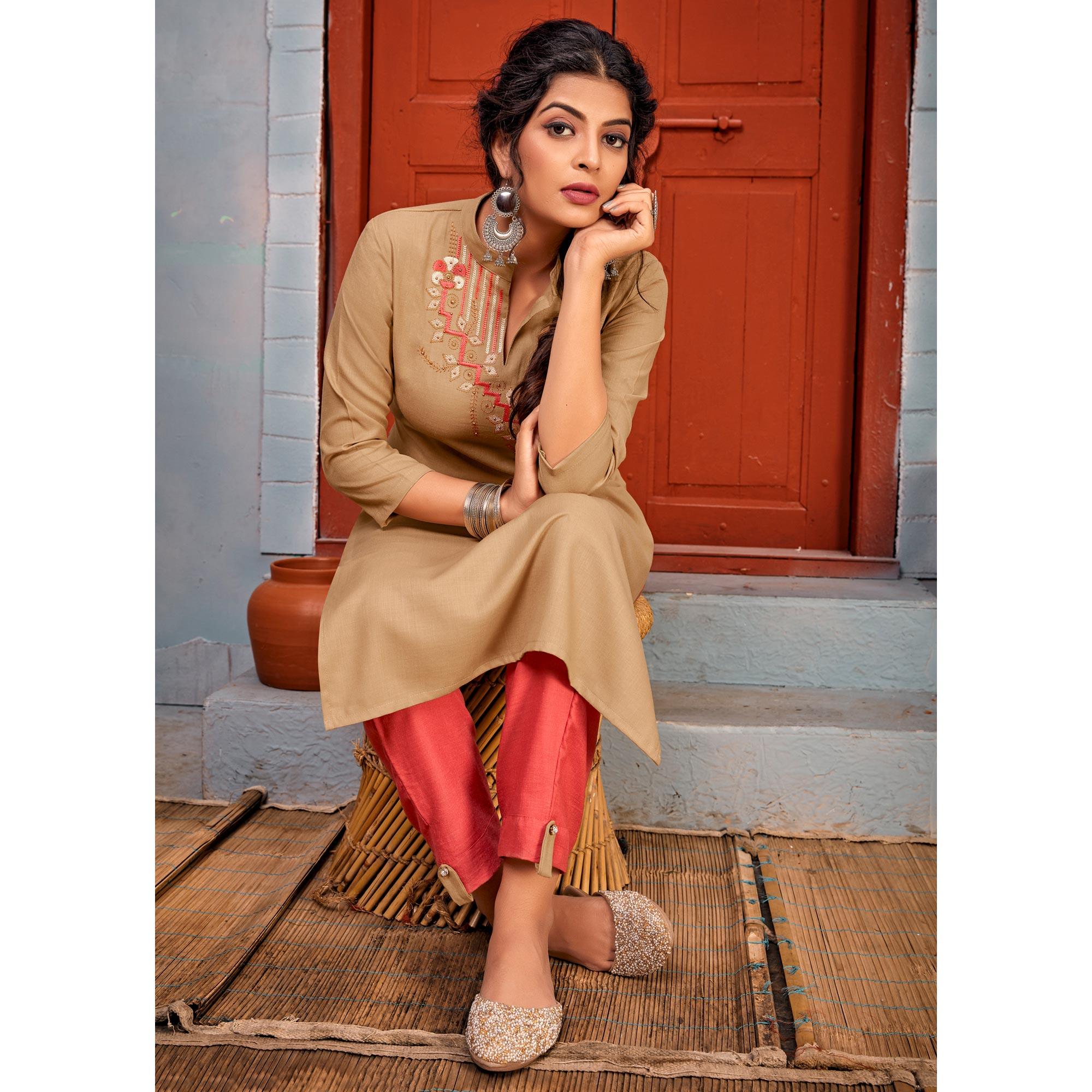 Beige Embroidered With Embellished Rayon Kurti Pant Set - Peachmode
