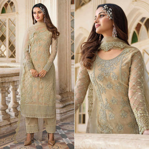 Beige Embroidery With Embellished Net Partywear Suit - Peachmode