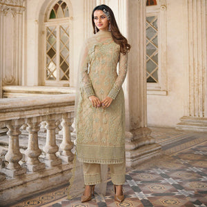 Beige Embroidery With Embellished Net Partywear Suit - Peachmode