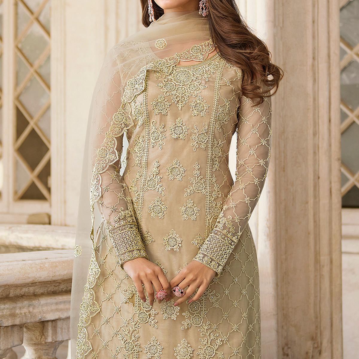 Beige Embroidery With Embellished Net Partywear Suit - Peachmode