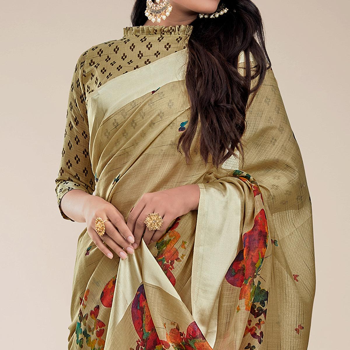 Beige Festive Wear Abstract Floral Printed Designer Handloom Cotton Saree - Peachmode