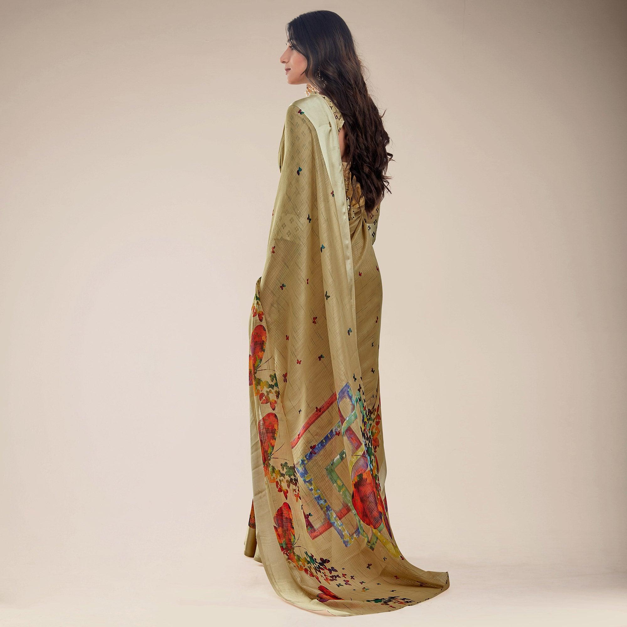 Beige Festive Wear Abstract Floral Printed Designer Handloom Cotton Saree - Peachmode