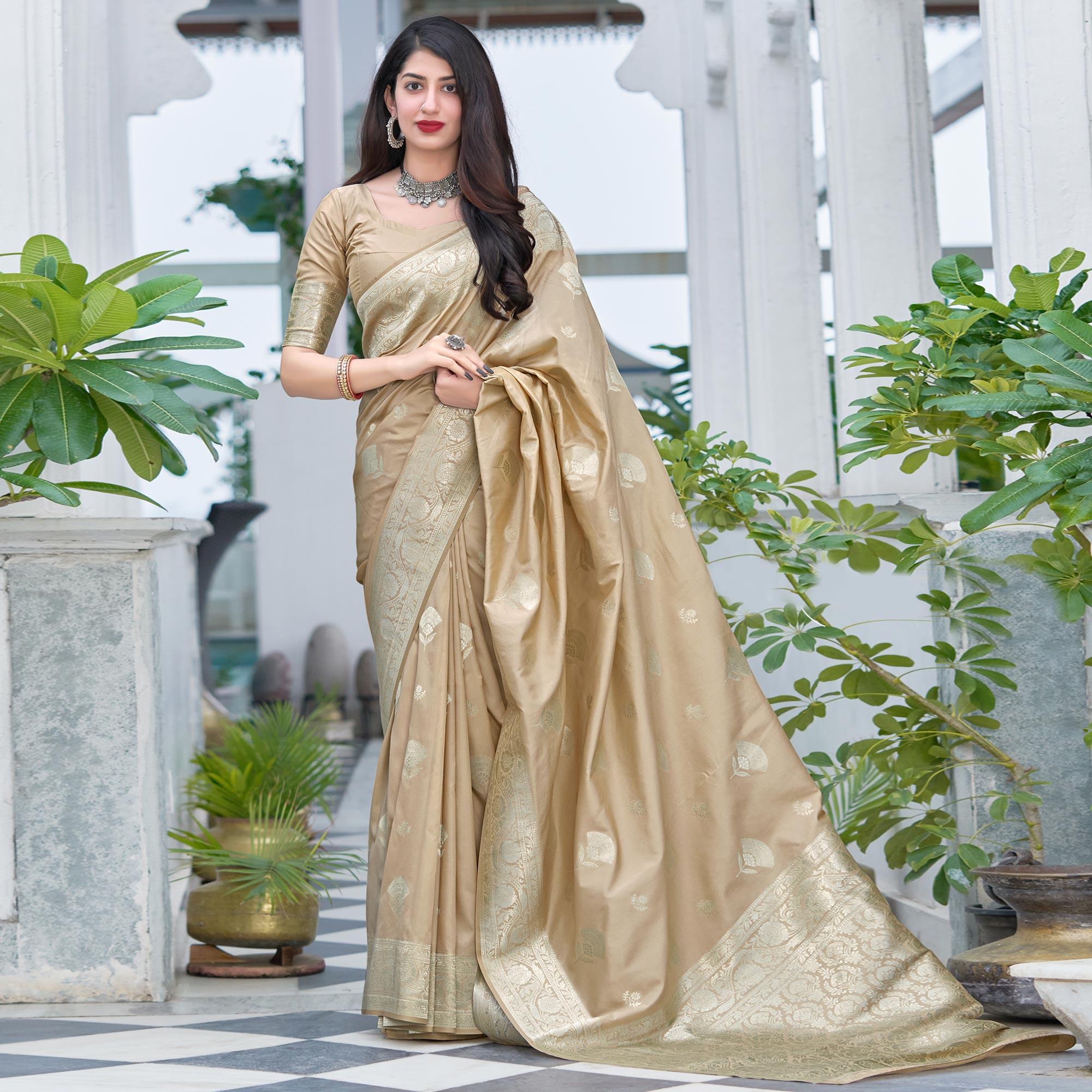 Beige Festive Wear Designer Woven Silk Saree - Peachmode