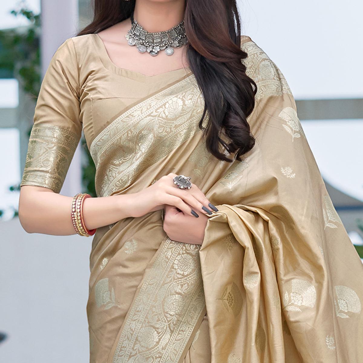 Beige Festive Wear Designer Woven Silk Saree - Peachmode