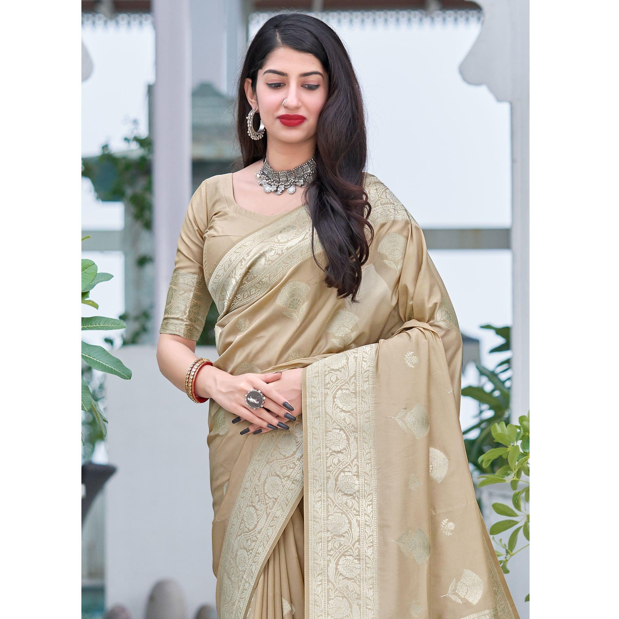 Beige Festive Wear Designer Woven Silk Saree - Peachmode