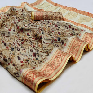 Beige Festive Wear Digital Printed Soft Silk Saree With Jacquard Border - Peachmode