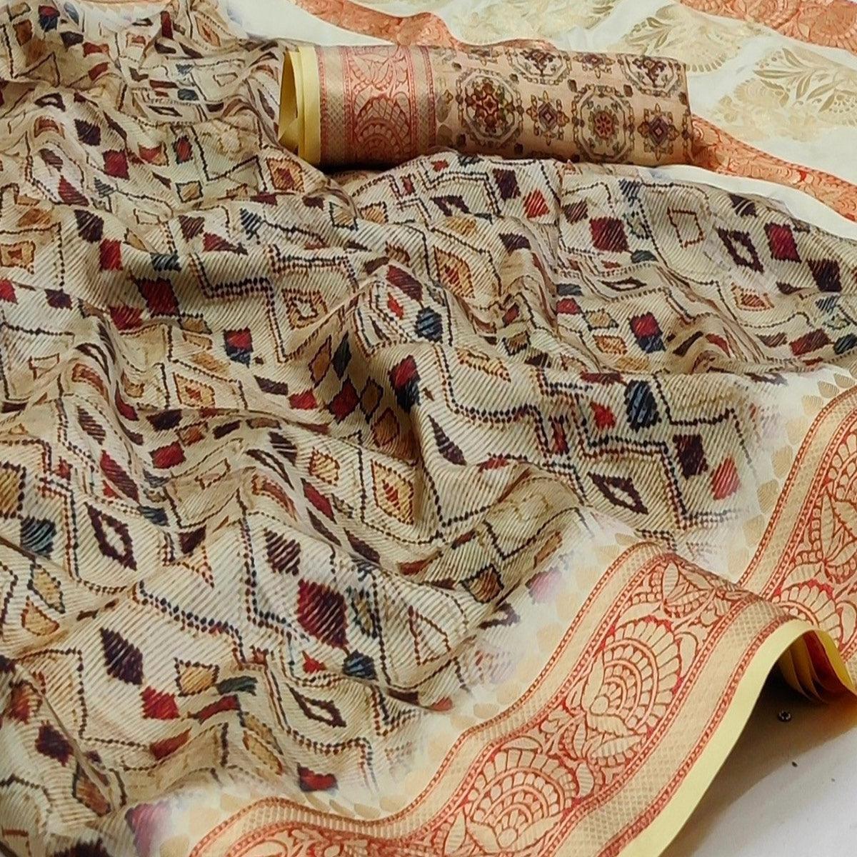 Beige Festive Wear Digital Printed Soft Silk Saree With Jacquard Border - Peachmode