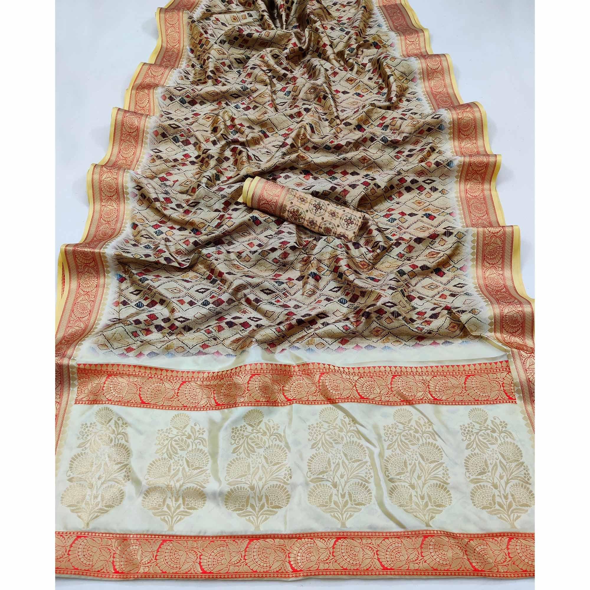 Beige Festive Wear Digital Printed Soft Silk Saree With Jacquard Border - Peachmode
