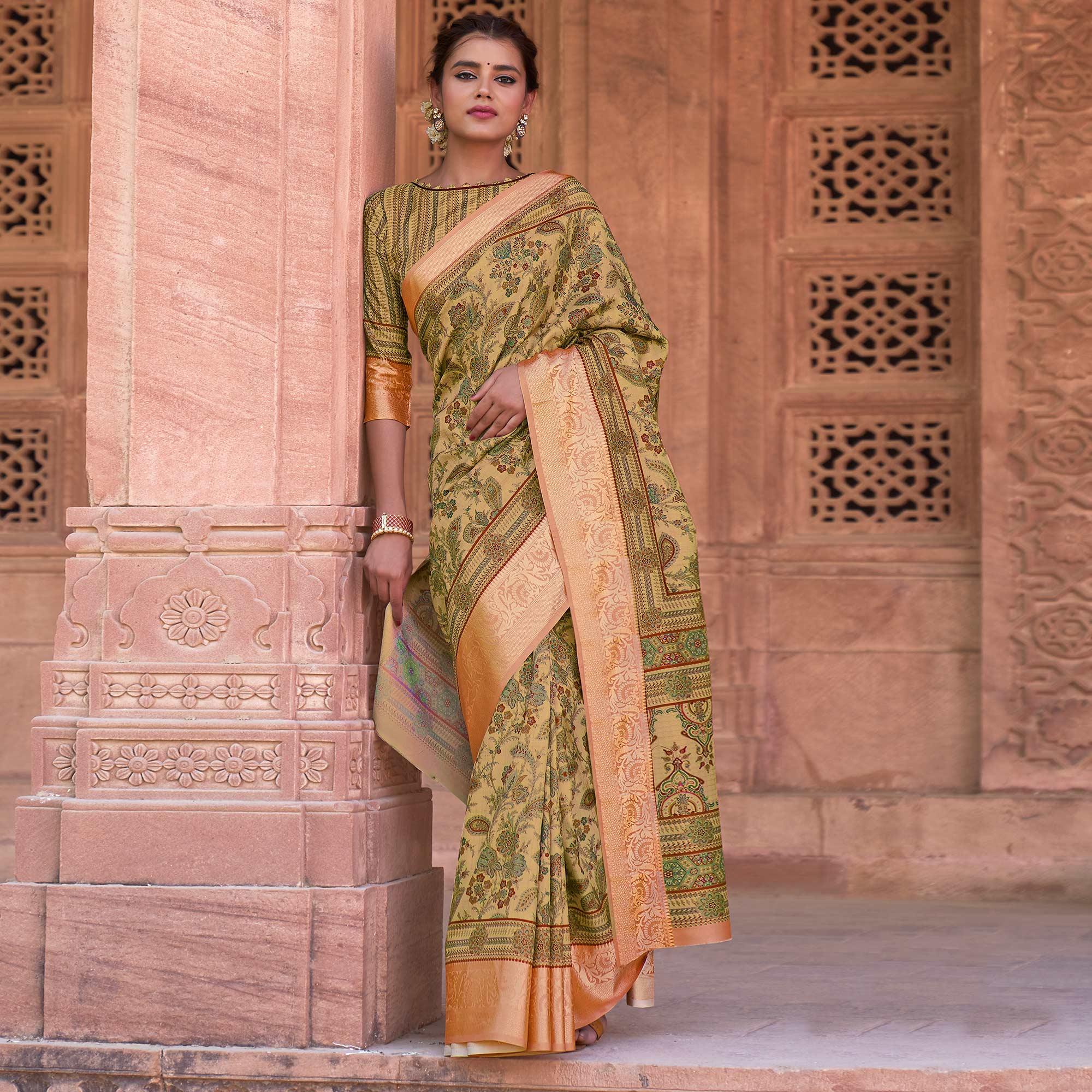 Beige Festive Wear Digital Printed Soft Silk Saree With Viscose Zari Border - Peachmode
