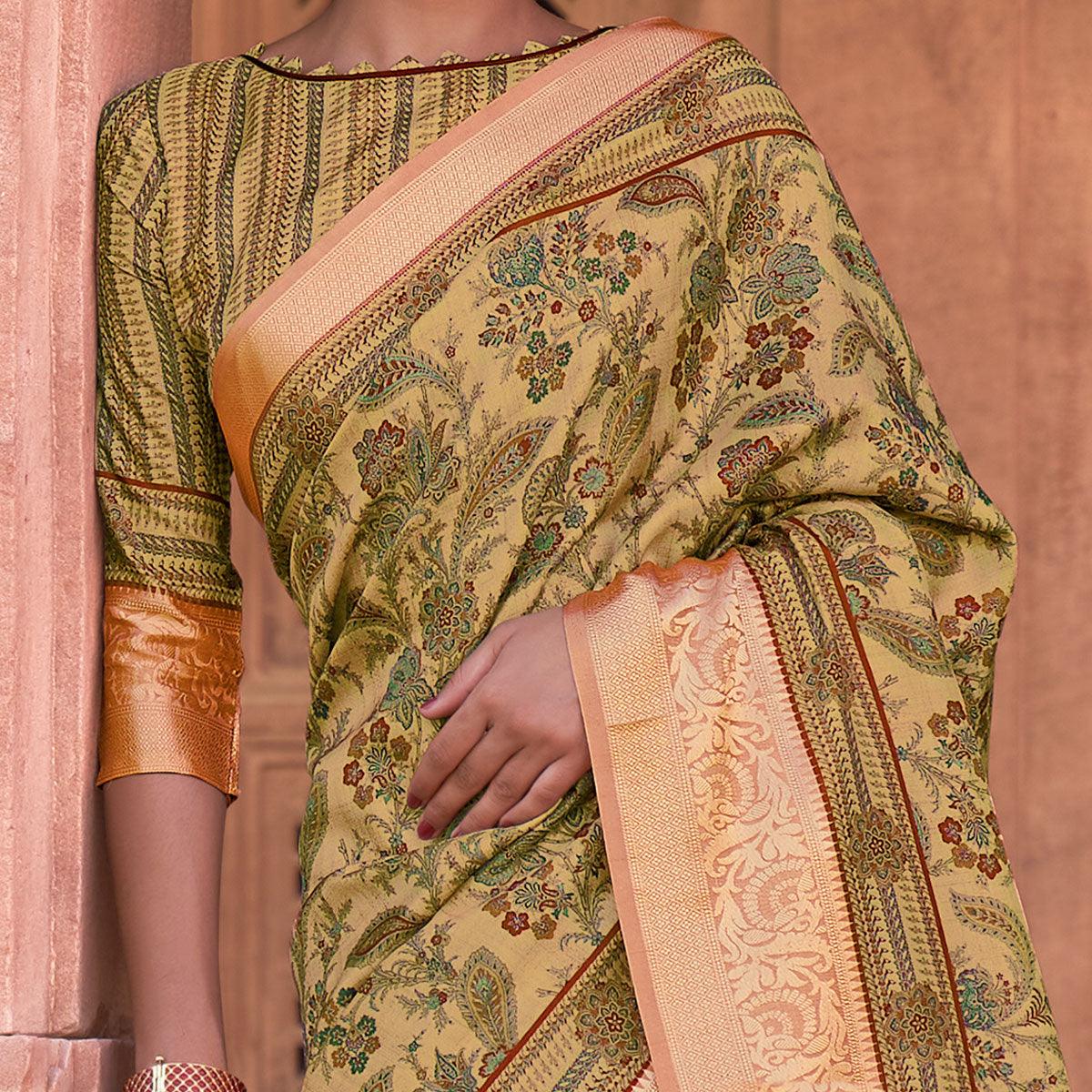 Beige Festive Wear Digital Printed Soft Silk Saree With Viscose Zari Border - Peachmode