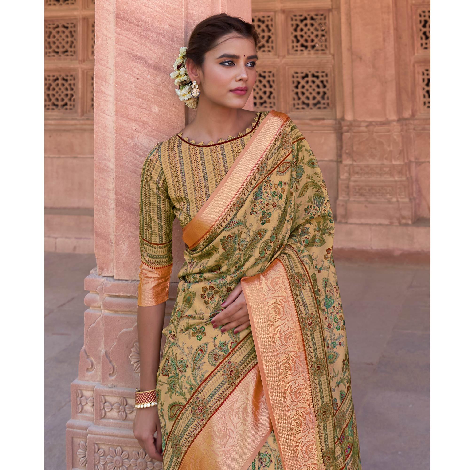 Beige Festive Wear Digital Printed Soft Silk Saree With Viscose Zari Border - Peachmode