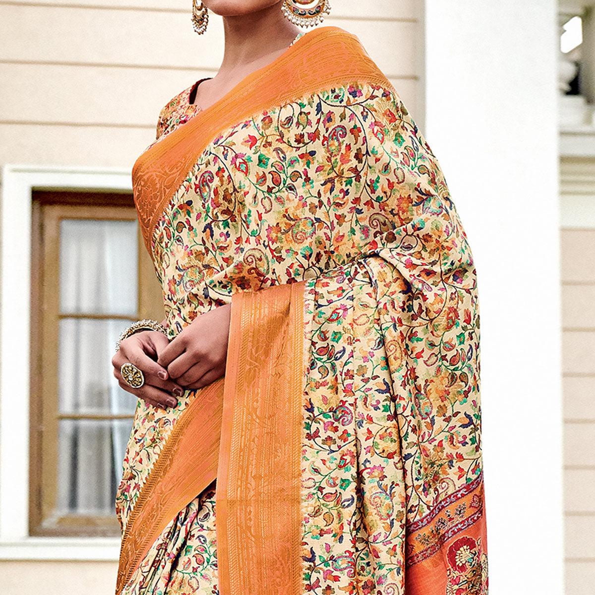 Beige Festive Wear Digital Printed Woven Silk Saree - Peachmode