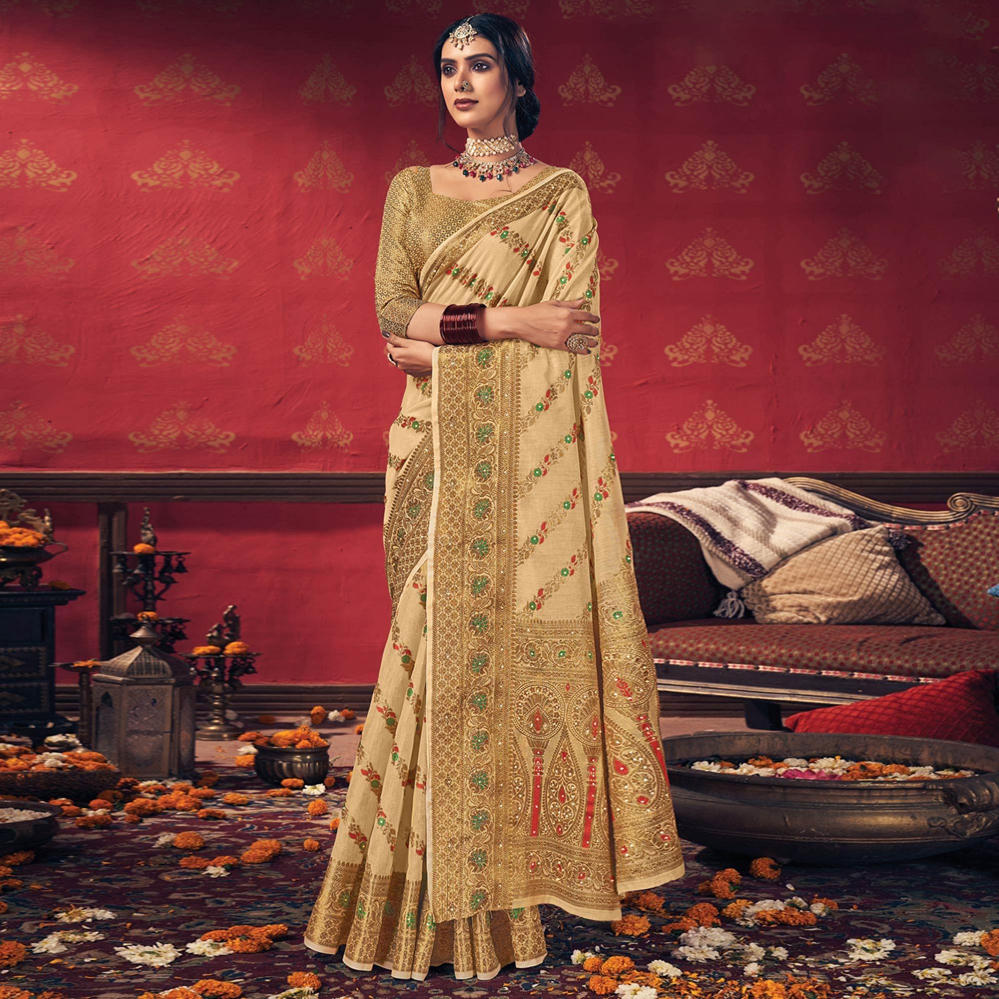 Beige Festive Wear Embellished Cotton Saree - Peachmode