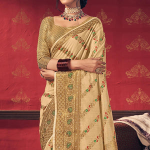 Beige Festive Wear Embellished Cotton Saree - Peachmode