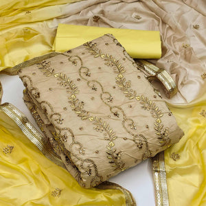 Beige Festive Wear Embellished With Embroidery Chanderi Dress Material - Peachmode