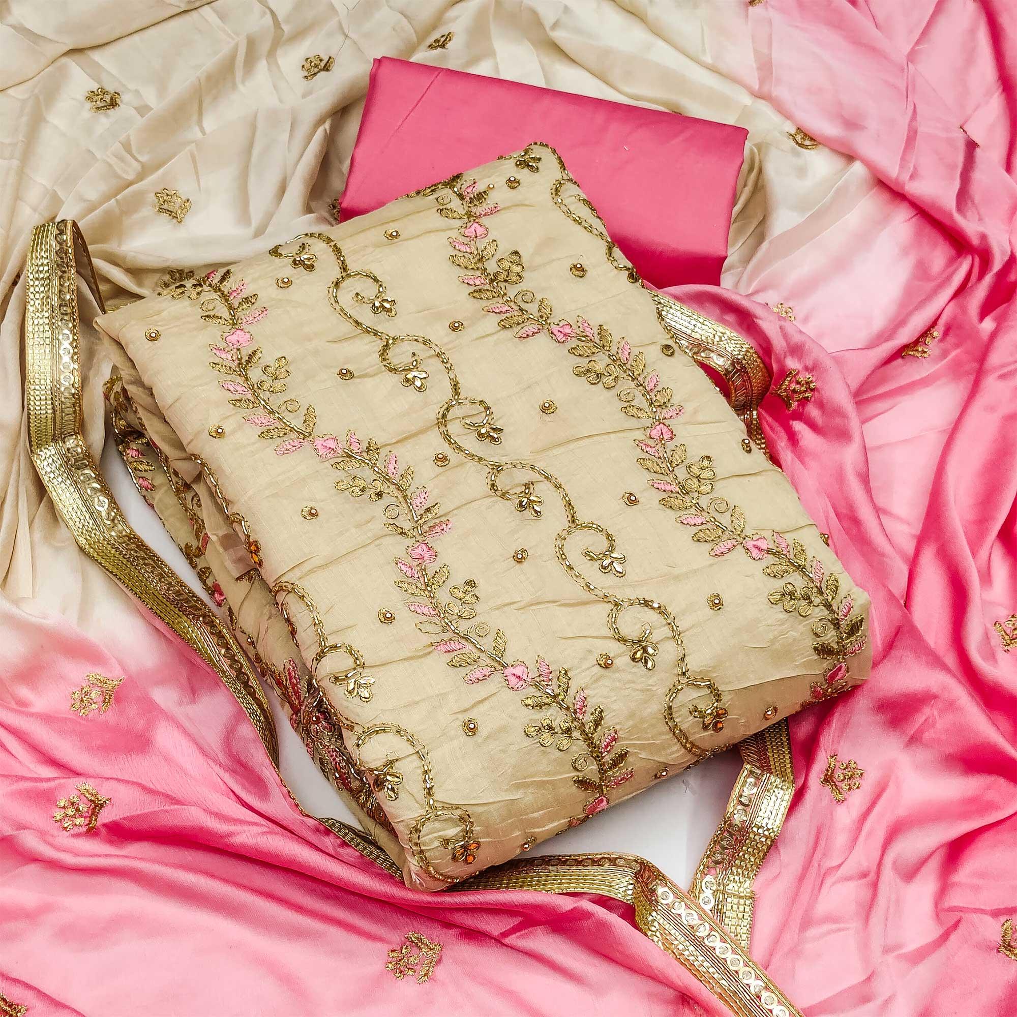 Beige Festive Wear Embellished With Embroidery Chanderi Dress Material - Peachmode