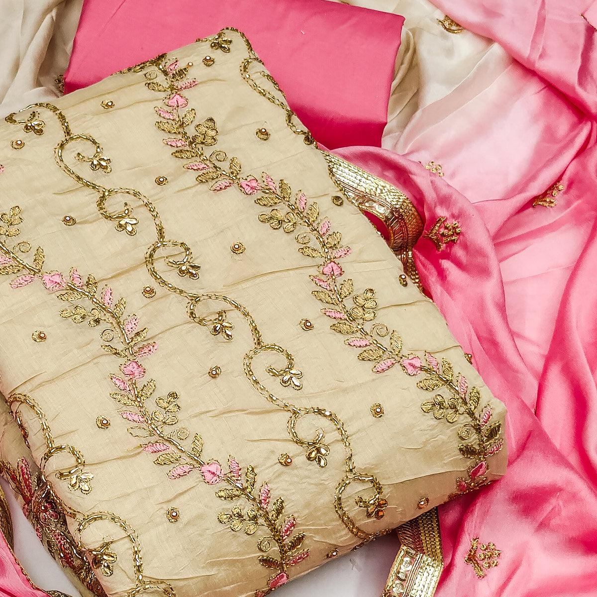 Beige Festive Wear Embellished With Embroidery Chanderi Dress Material - Peachmode