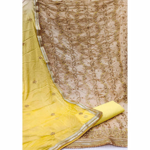 Beige Festive Wear Embellished With Embroidery Chanderi Dress Material - Peachmode