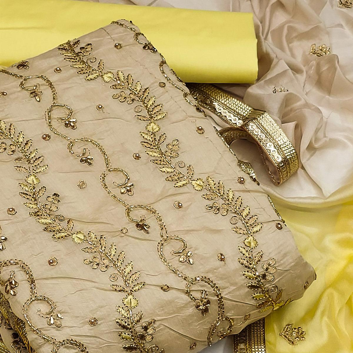 Beige Festive Wear Embellished With Embroidery Chanderi Dress Material - Peachmode