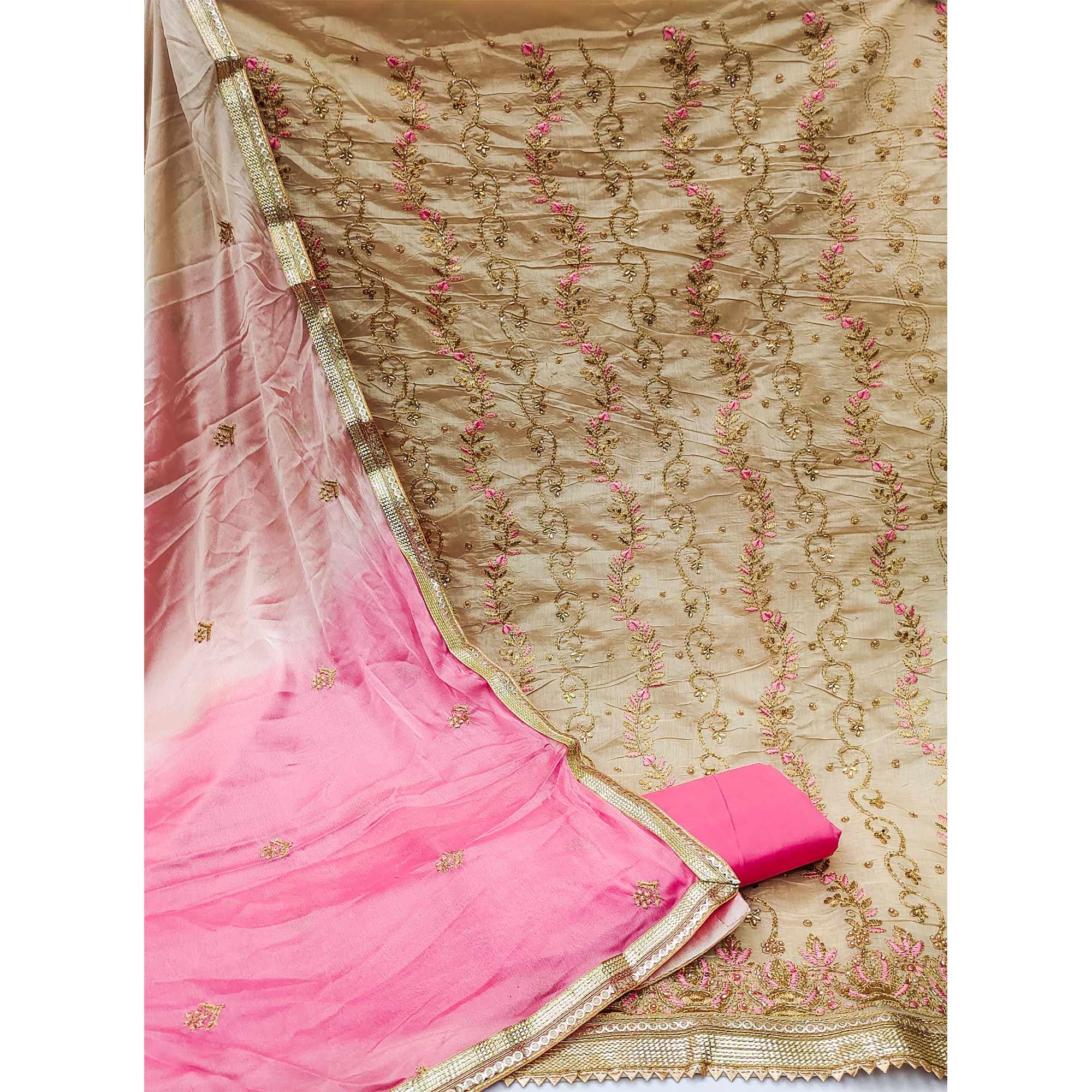 Beige Festive Wear Embellished With Embroidery Chanderi Dress Material - Peachmode