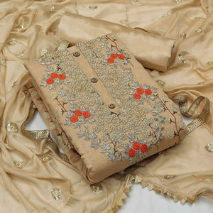 Beige Festive Wear Embroidered Handwork Fancy  Dress Material - Peachmode