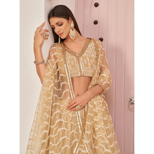 Beige Festive Wear Embroidered Mono Net Lehenga Choli - Peachmode