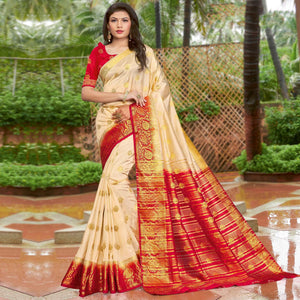 Beige Festive Wear Embroidered Silk Saree - Peachmode