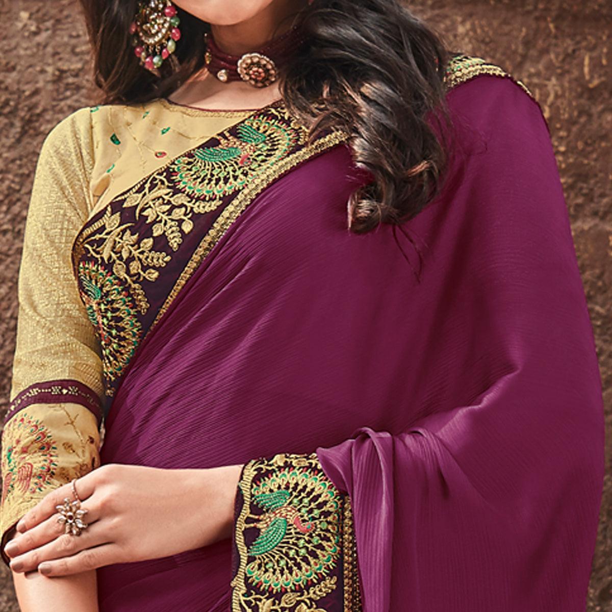 Beige Festive Wear Embroidered Silk Saree - Peachmode