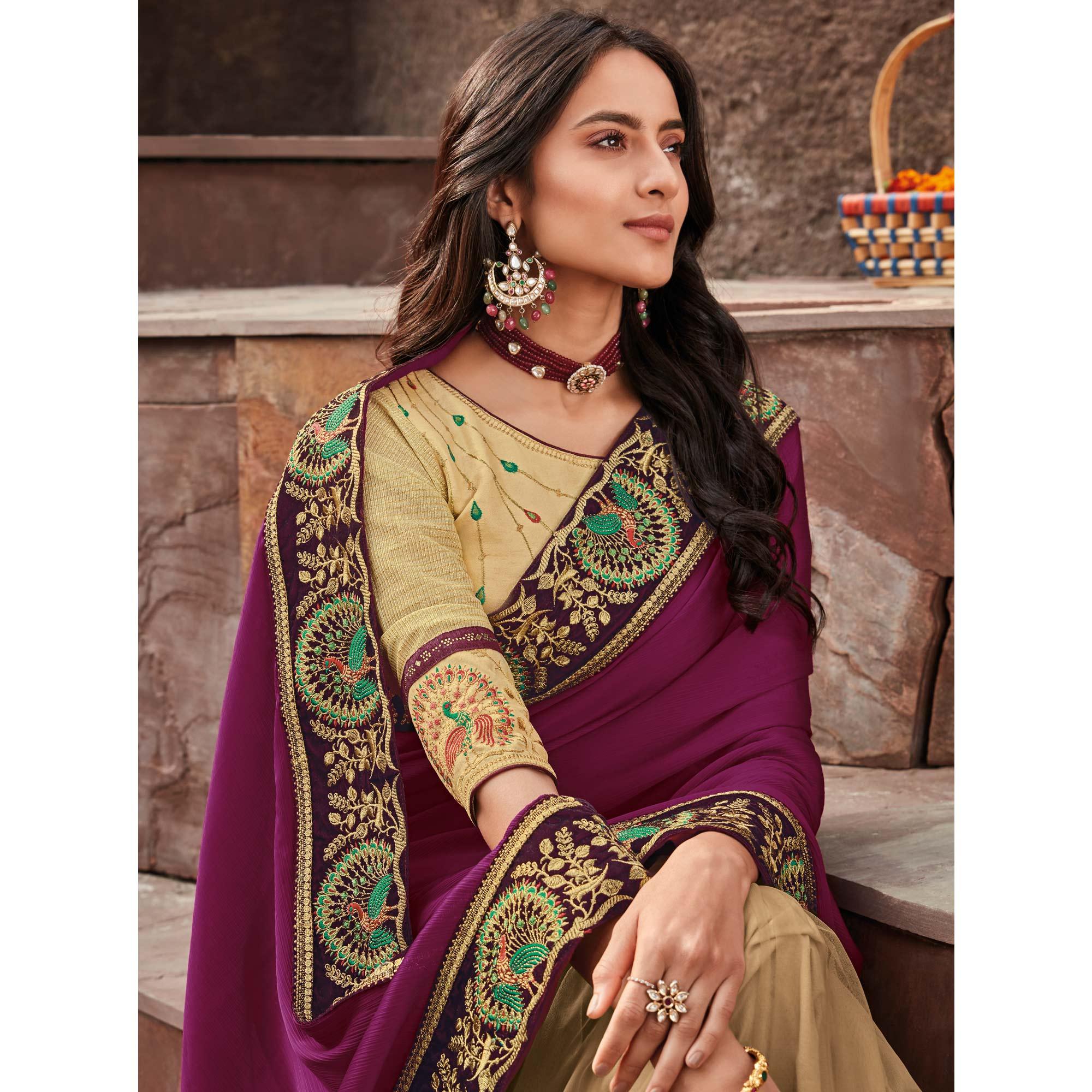 Beige Festive Wear Embroidered Silk Saree - Peachmode