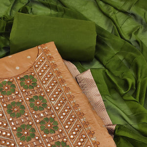 Beige Festive Wear Embroidered With Embellished Chanderi Dress Material - Peachmode