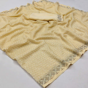 Beige Festive Wear Embroidery With Embellished Georgette Saree - Peachmode