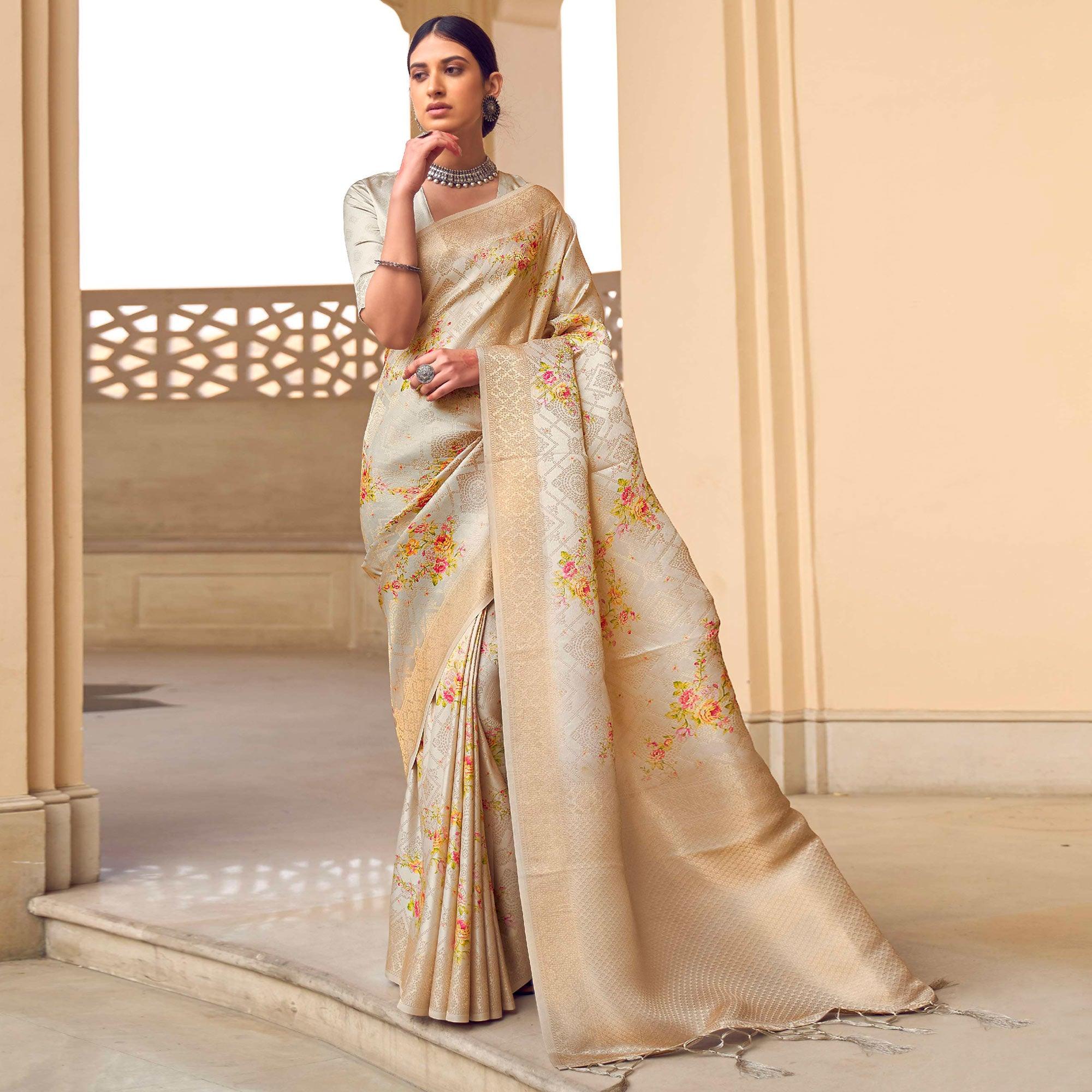 Beige Festive Wear Floral Digital Printed Jacquard Saree - Peachmode