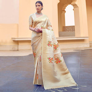 Beige Festive Wear Floral Digital Printed Jacquard Saree - Peachmode
