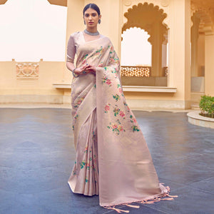 Beige Festive Wear Floral Digital Printed Jacquard Saree - Peachmode