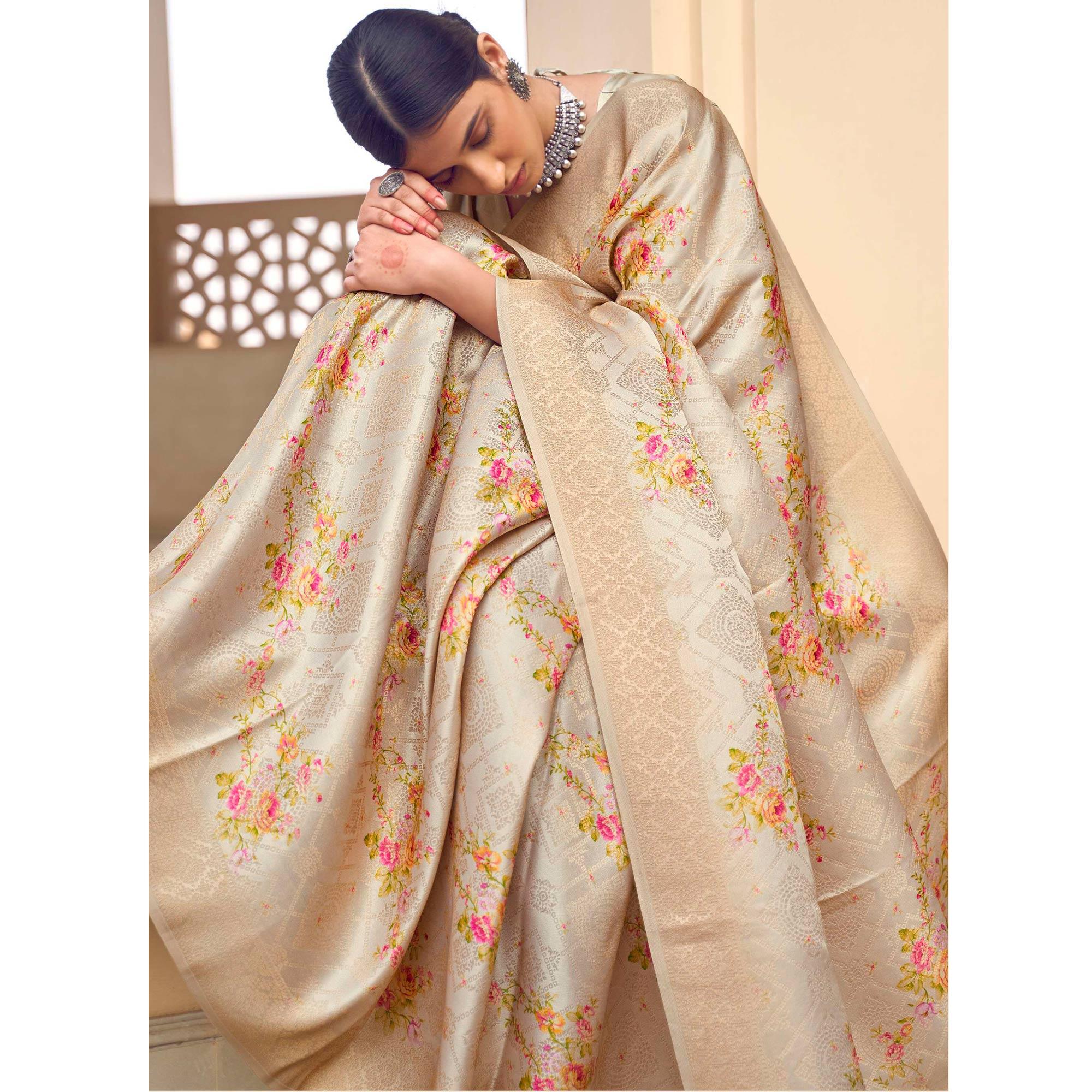 Beige Festive Wear Floral Digital Printed Jacquard Saree - Peachmode