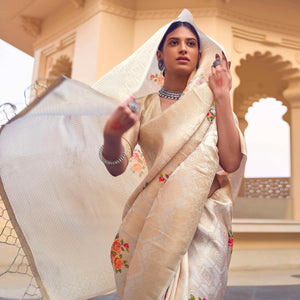Beige Festive Wear Floral Digital Printed Jacquard Saree - Peachmode