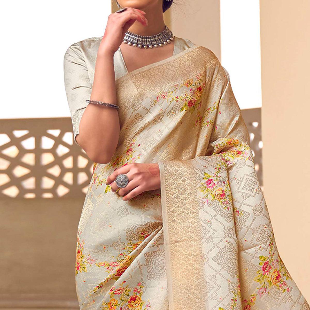 Beige Festive Wear Floral Digital Printed Jacquard Saree - Peachmode