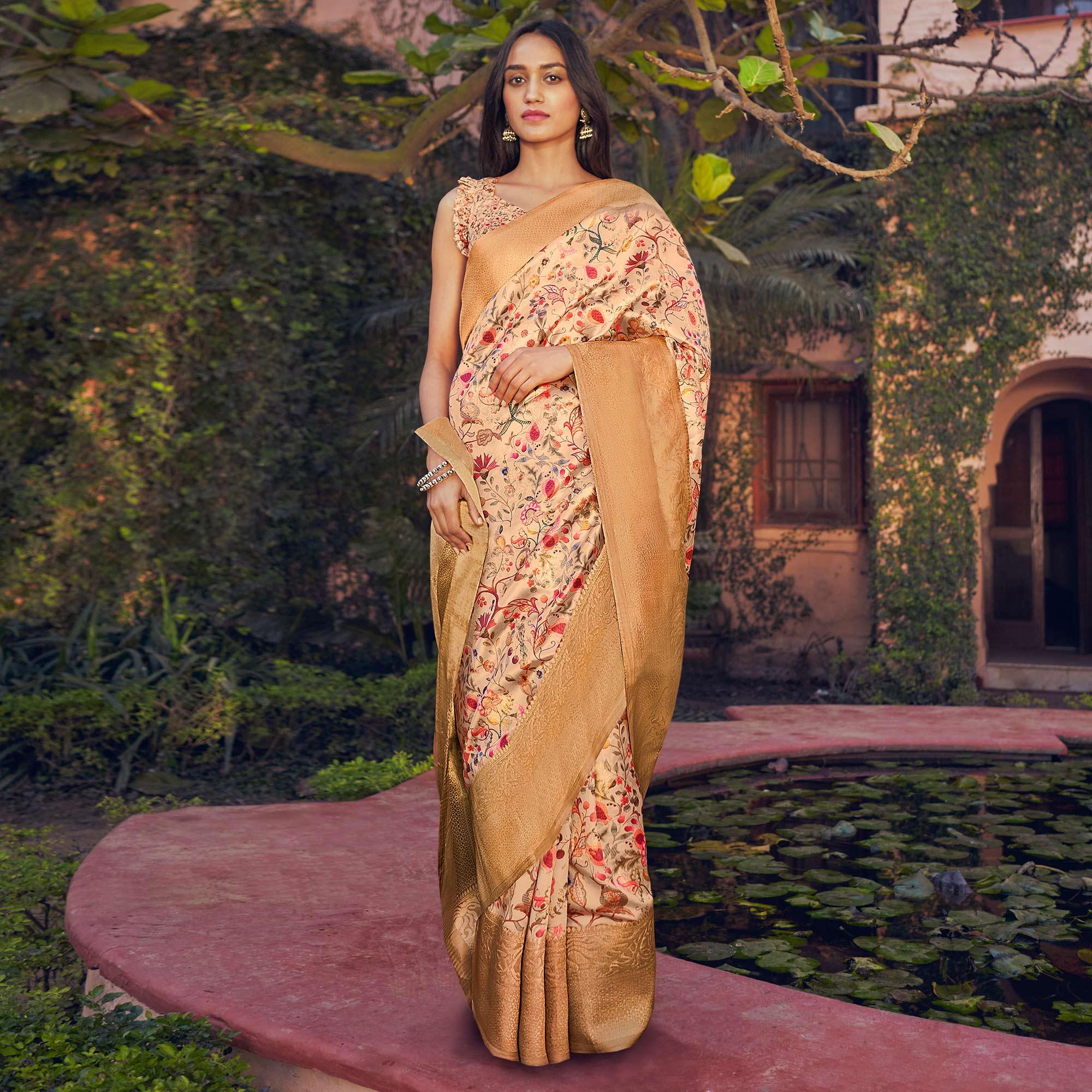 Beige Festive Wear Floral Digital Printed Woven Silk Saree - Peachmode