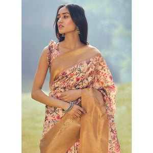 Beige Festive Wear Floral Digital Printed Woven Silk Saree - Peachmode
