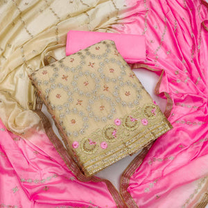 Beige Festive Wear Floral Embroidered Chanderi Dress Material - Peachmode