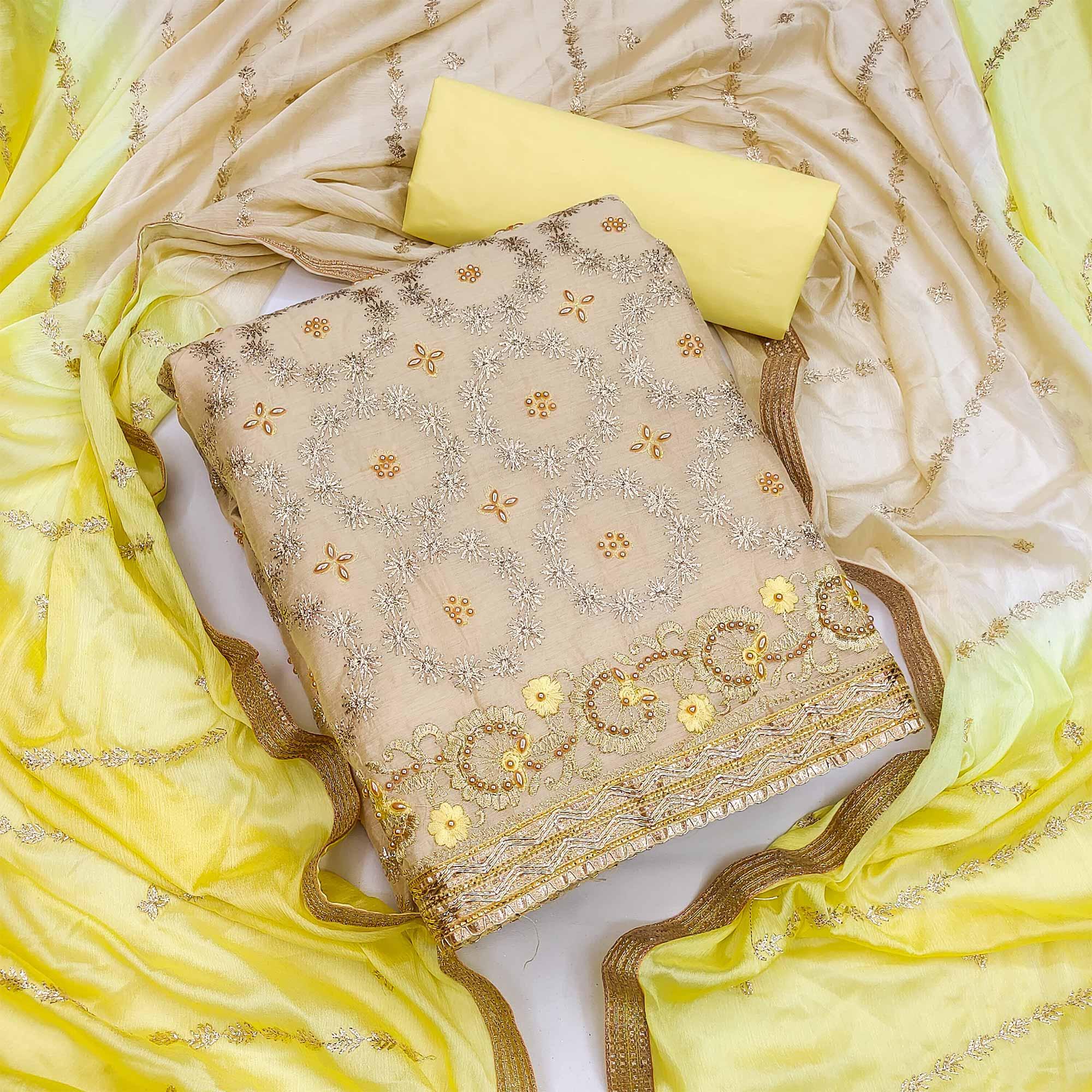 Beige Festive Wear Floral Embroidered Chanderi Dress Material - Peachmode