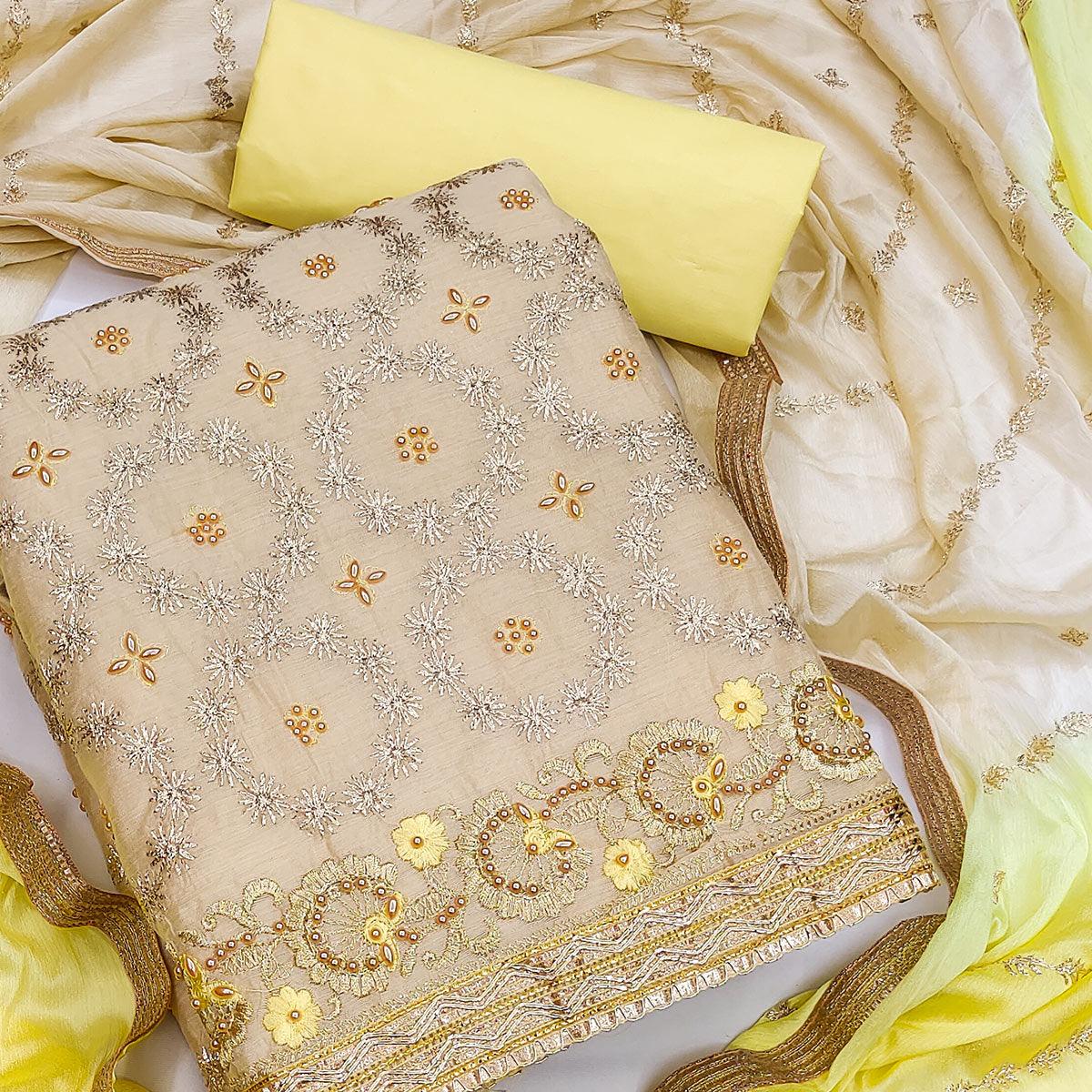 Beige Festive Wear Floral Embroidered Chanderi Dress Material - Peachmode