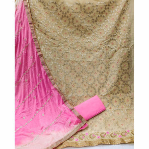 Beige Festive Wear Floral Embroidered Chanderi Dress Material - Peachmode